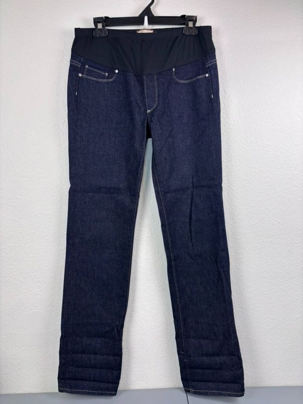 Paige women's 31 maternity dark wash melrose straight leg jeans under belly band